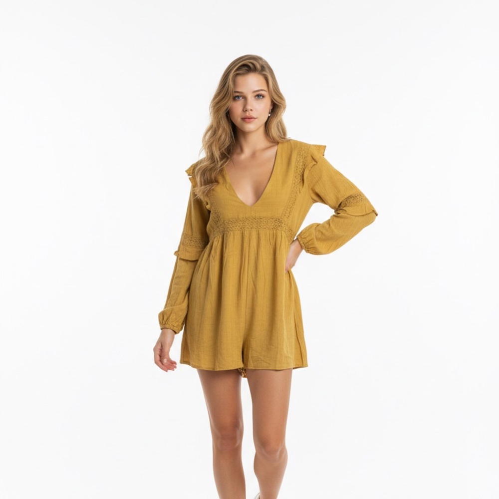 New Lumiere Yellow Lace-Trimmed Short Jumpsuit